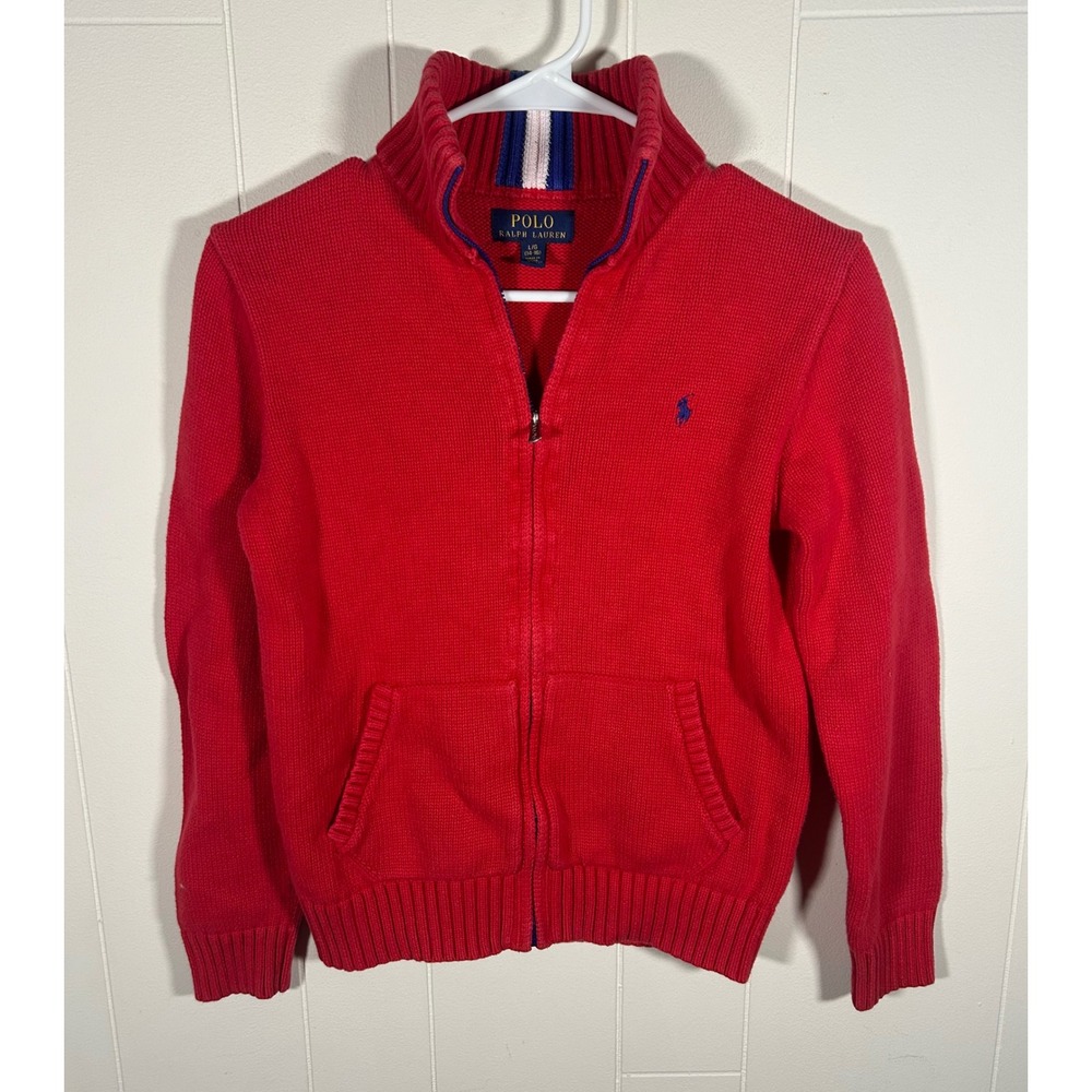 Polo Ralph Lauren Boys Red Full Zip Cotton Knit Sweater Mock Neck Size L 14-16"